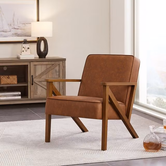 Yaheetech Mid-Century Faux Leather Armchair with Wood Legs in Brown