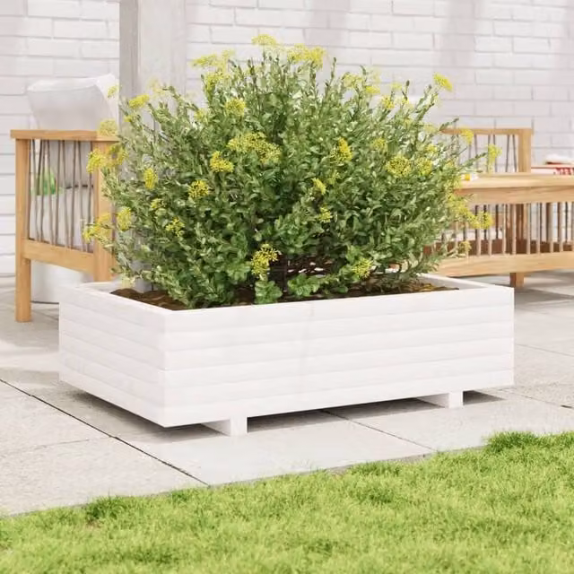 Berkfield Home Decorative Ornamental Garden Planter, White, Solid Wood, W: 90 cm, D: 60 cm, H: 26.5 cm – 1