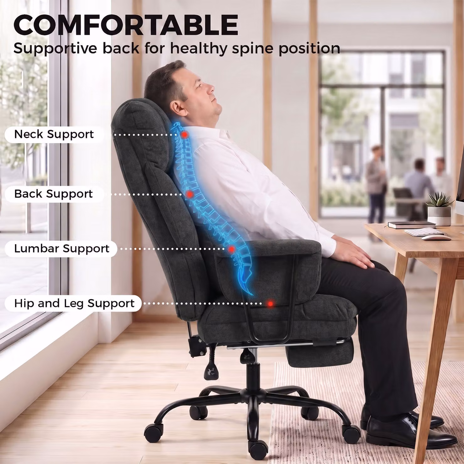HOMCOM Black Fabric Task Chair with Lumbar Support and 360 Degree Swivel for Home Office – 7