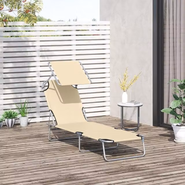 Outsunny Foldable Reclining Sun Lounger with Adjustable Awning in Beige
