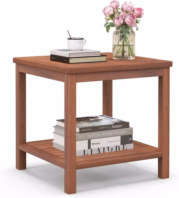 COSTWAY 2-Tier Rectangular Acacia Wood Side Table in Brown
