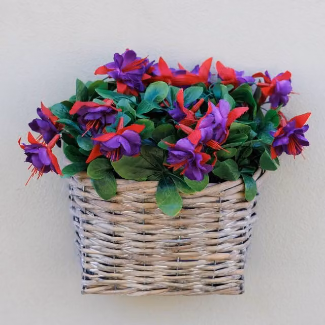 Primrose Artificial Fuchsia Wall Floral Arrangement in a Grey Wicker Basket, 38 cm