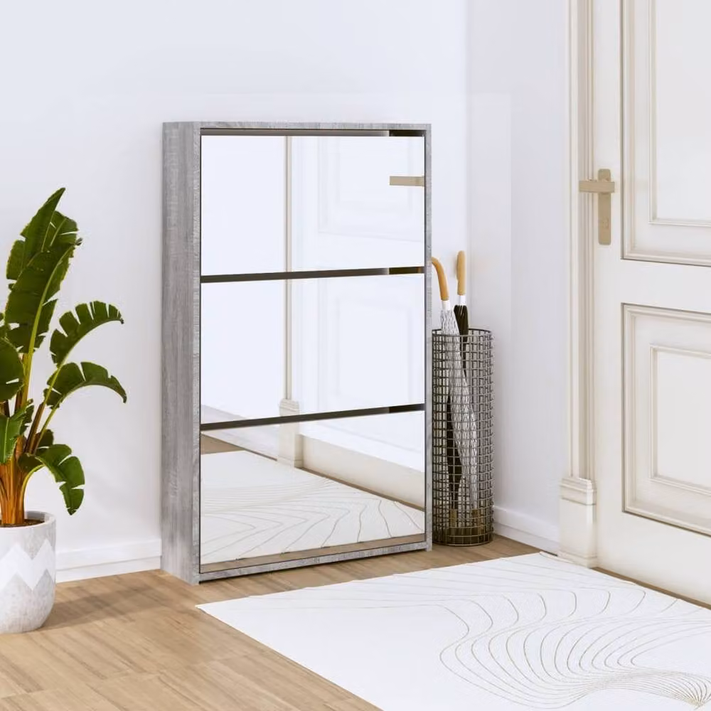 Berkfield Home 3-Layer Shoe Cabinet with Mirror in Grey Sonoma, W: 63 cm, D: 17 cm, H: 102.5 cm – 1