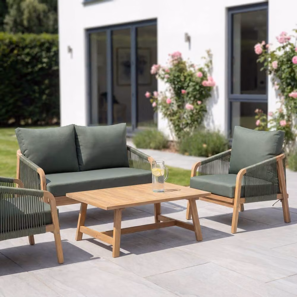 Artemis Home Andria 4-Seat Garden Lounge Set in Green with Acacia Wood Frame and Upholstered Cushions – 4