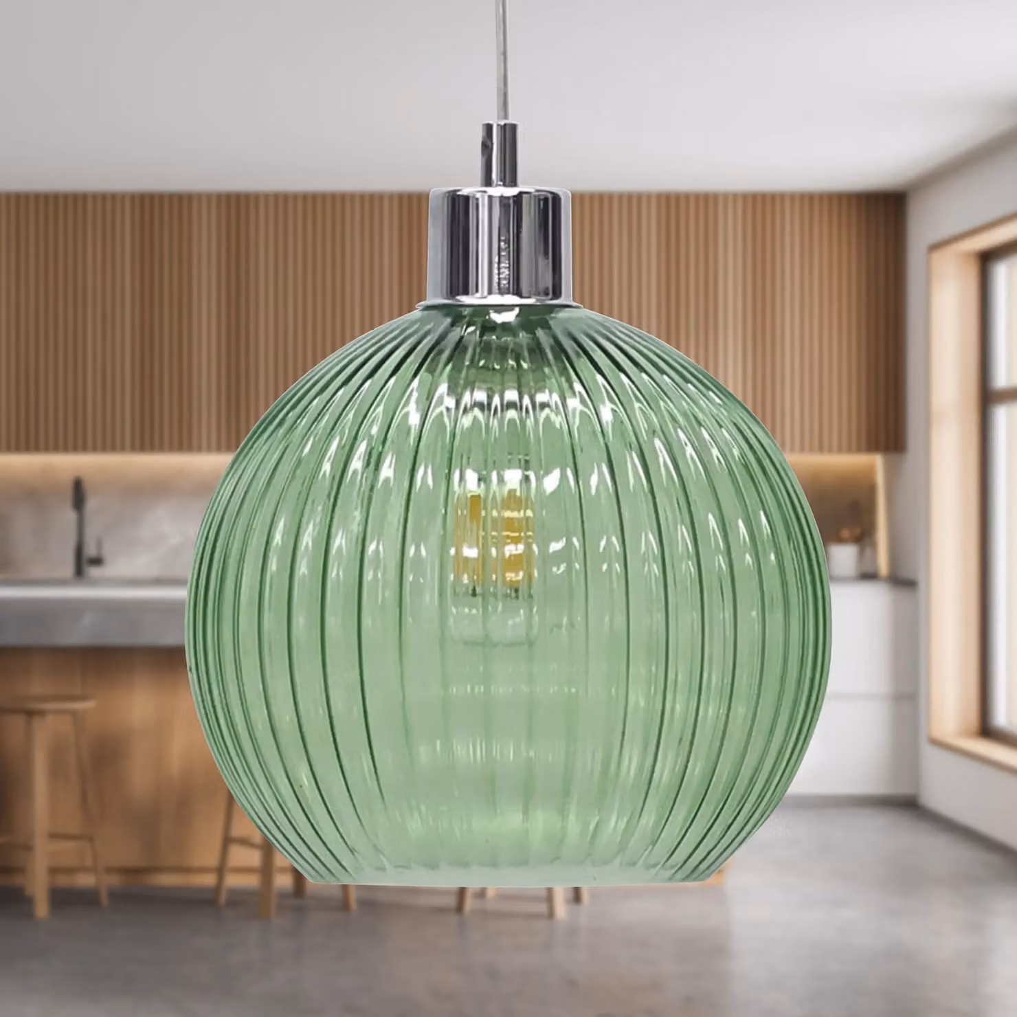 First Choice Lighting Betchley Green Ribbed Glass Globe Easy Fit Pendant Shade – 3
