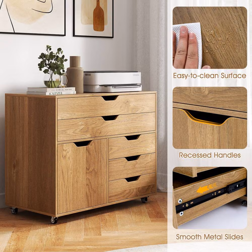 Gymax Mobile Chest of Drawers and Lateral File Cabinet with Printer Stand and Doors in Natural Wood Finish – 3
