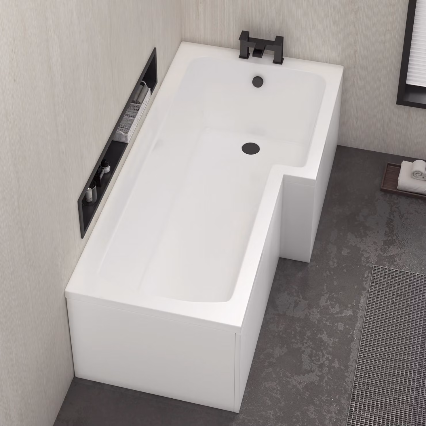 Qubix White Acrylic L-Shaped Corner Shower Bath with Front and End Panels, W: 150 cm, D: 85 cm