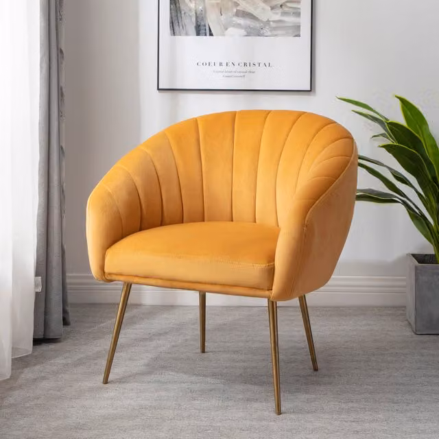 Artemis Home Helena Shell Accent Chair in Yellow Velvet with Bronze Details and Solid Wood Frame