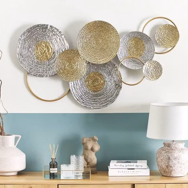 Wyld and Coco Gold and Silver Metal Geometric Wall Sculpture, W: 110 cm, H: 60 cm