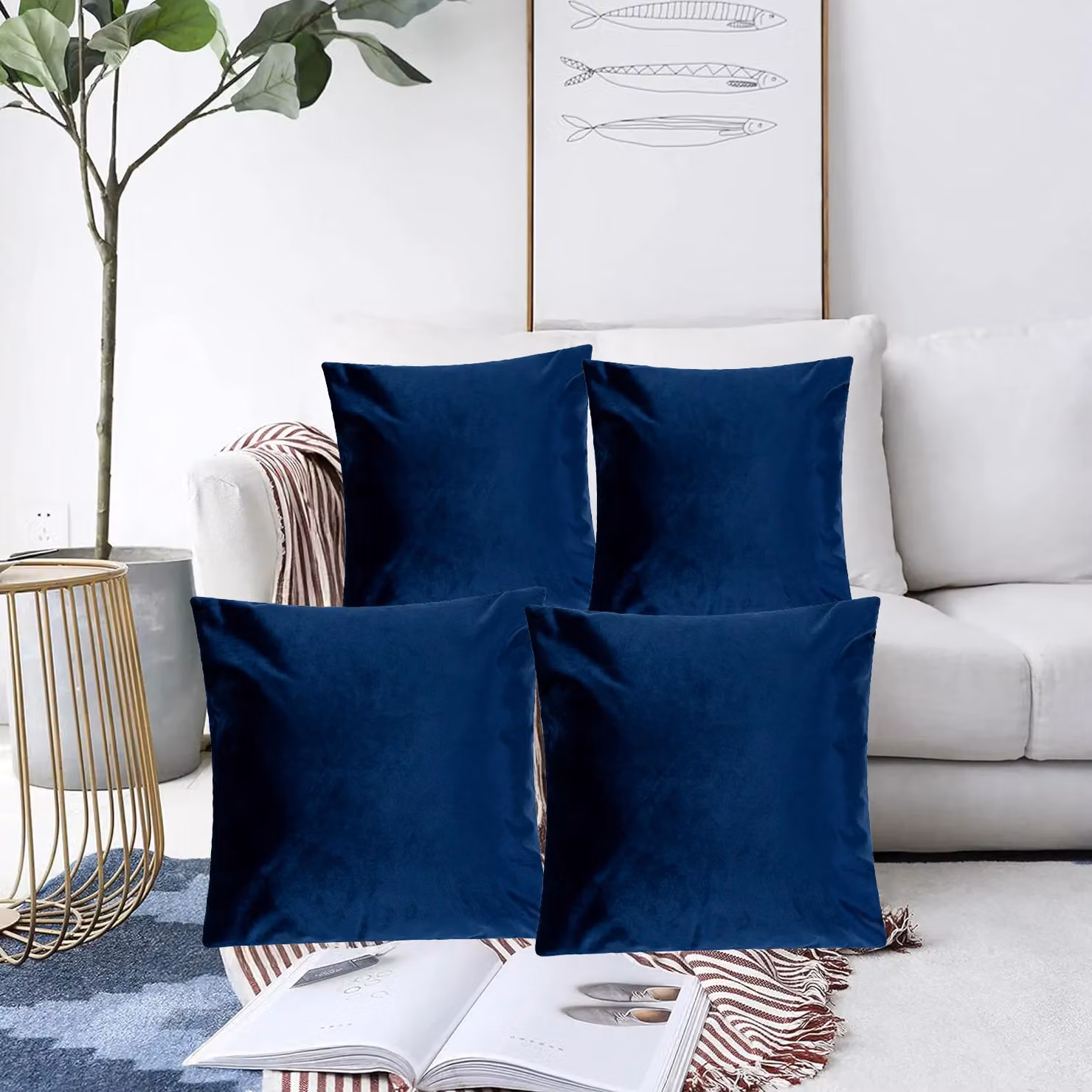 Luxor Living Set of 4 Blue Velvet Square Cushions, W/D/H: 45 x 45 x 45 cm – 4