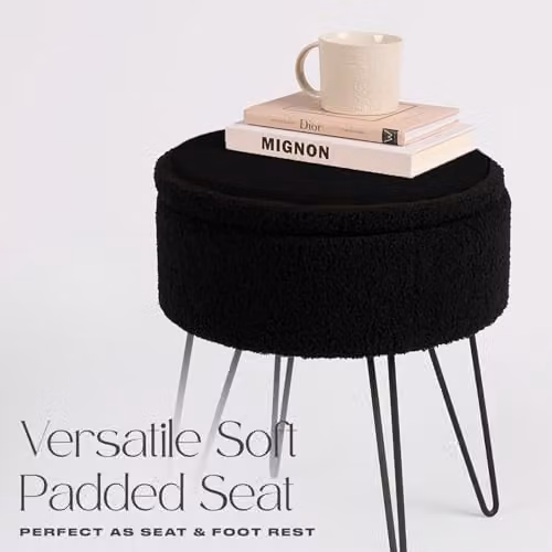 OHS Black Boucle Fabric Round Footstool with Storage and Hairpin Legs, W/D/H: 37 x 37 x 45 cm – 6