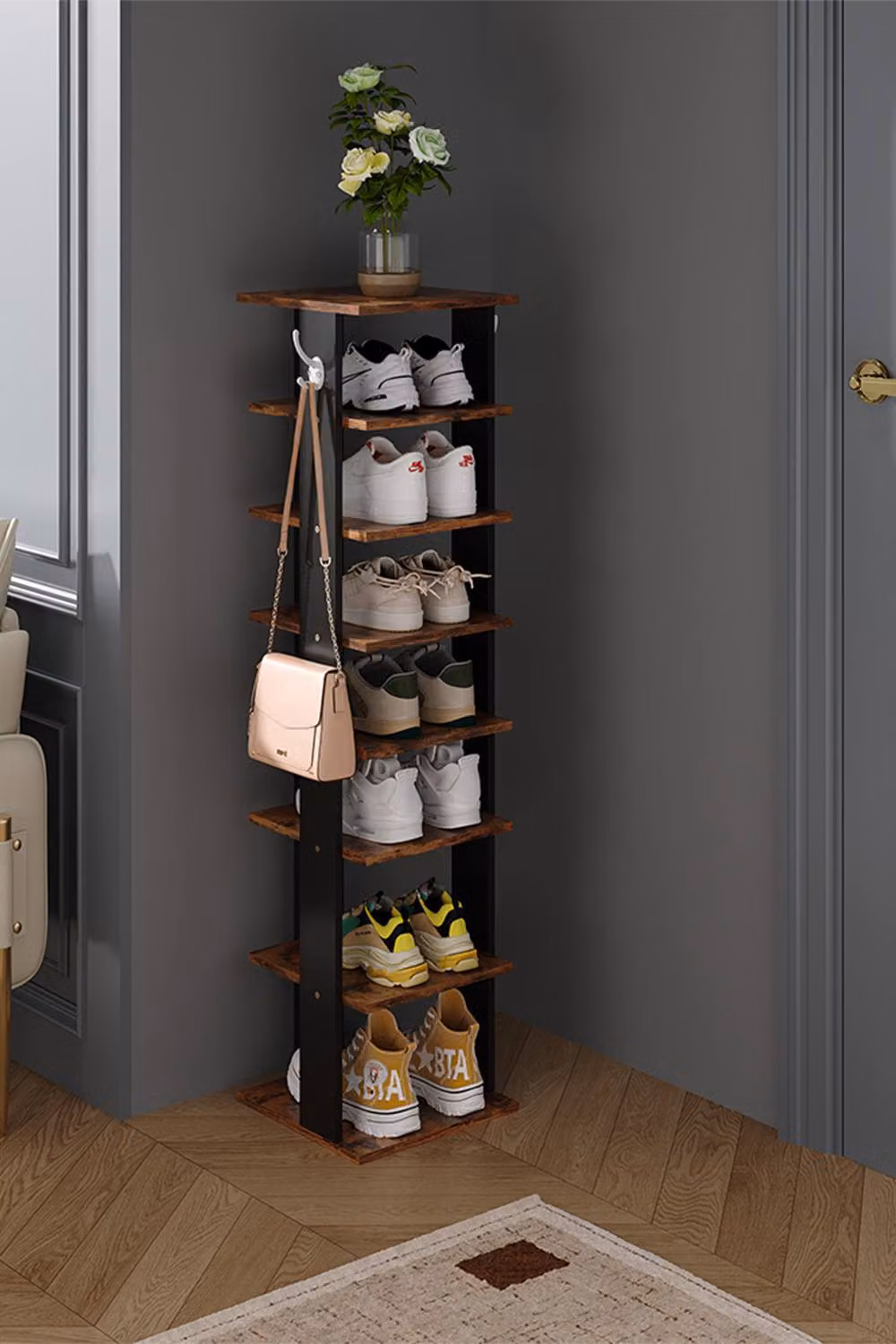 Living and Home 8-Tier Freestanding MDF Shoe Rack with Hooks in Black – 2