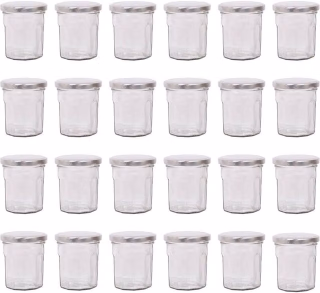 Argon Tableware Set of 24 Transparent Glass Jam Jars with Silver Screw Tops, 150ml – 1