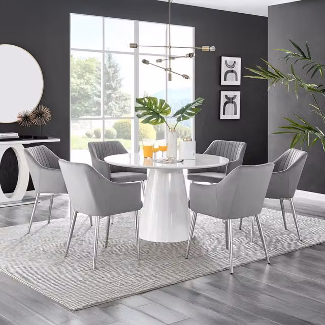 FurnitureboxUK Palma White High Gloss Round Dining Table and 6 Calla Grey Velvet Chairs with Silver Legs