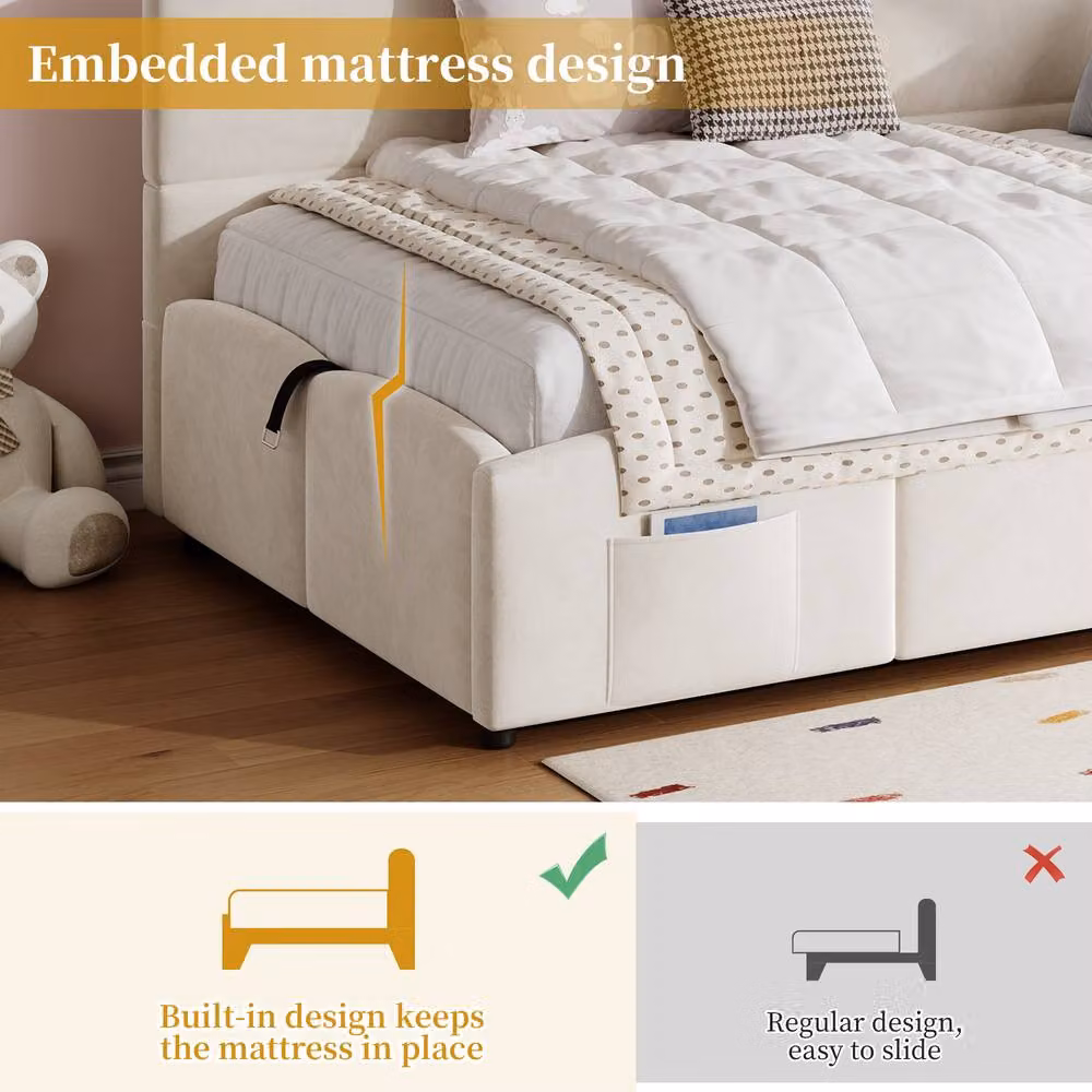 ModernLuxe Beige Velvet Single Sofa Bed with Hydraulic Storage and L-shaped Headboard – 3
