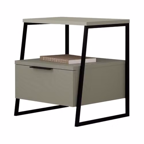 FWStyle Modern 1 Door Bedside Table with Open Shelf in Ash Green and Black Metal, W/D/H: 40.9 x 45.0 x 50.0 cm – 3