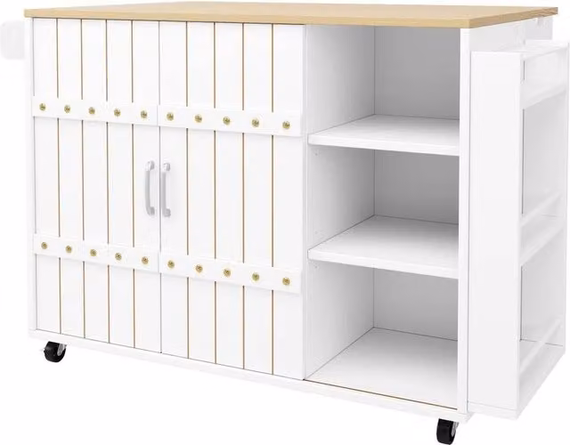 FORGEVIO Modern White Kitchen Island Storage Cabinet with Sliding Doors