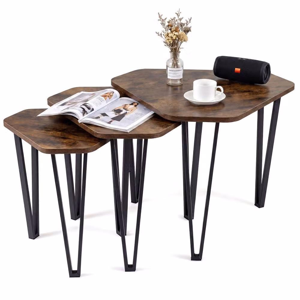 Costway Industrial Nesting Coffee Table Set with Irregular Hexagonal Glass and Metal Tops in Brown – 5
