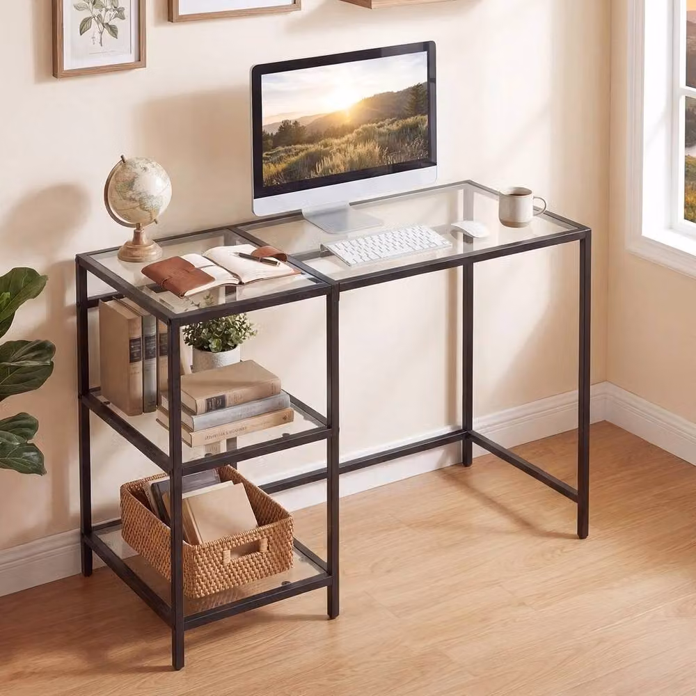 NESTLUNE Modern Glass Computer Desk in Black and Transparent – 4