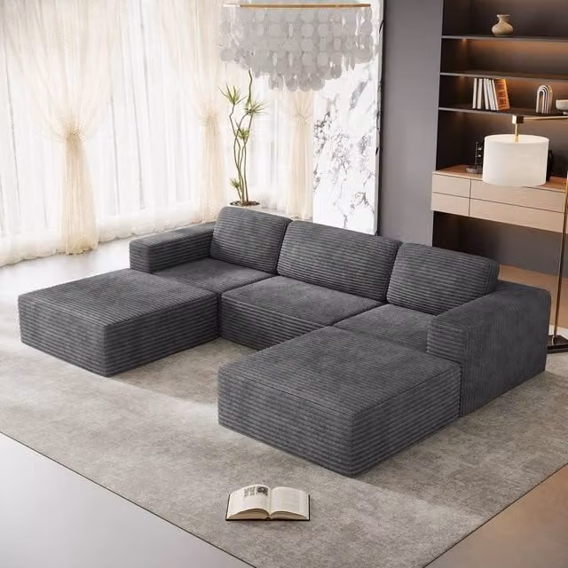 Dprodo Grey Corduroy Modular U-Shape Sofa with Matching Ottoman and Removable Covers