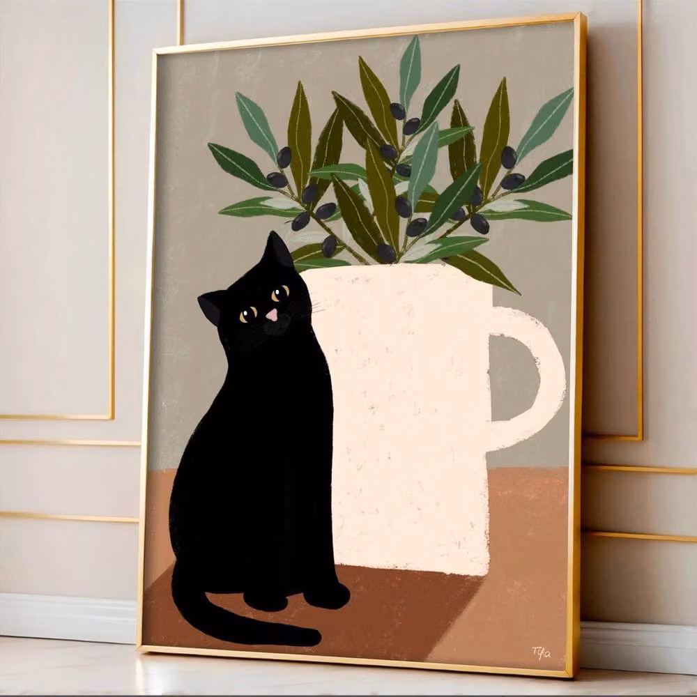 The Paper Tail Black Cat & Olives Multicolour Art Print, W: 14.8 cm, H: 21.0 cm – 3