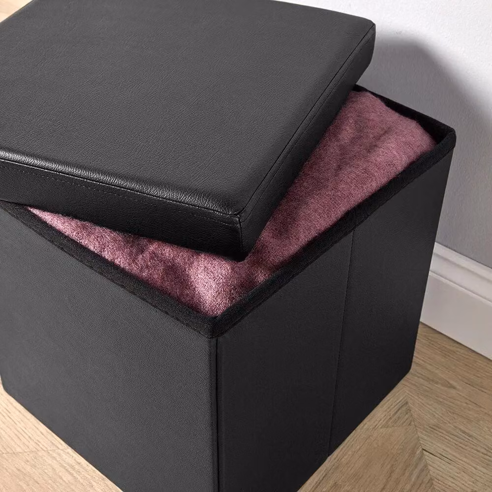 Home Source Folding Ottoman Storage Cube in Black Faux Leather, W/D/H: 38 x 38 x 38 cm – 2