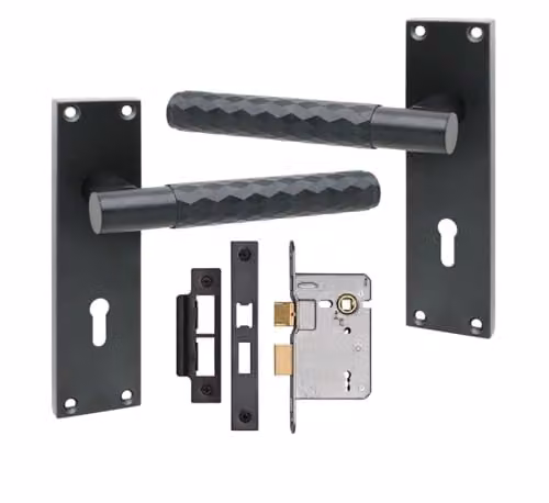 Golden Grace Matt Black Knurled Long Backplate Door Handle Set with 3 Lever Lock – 1