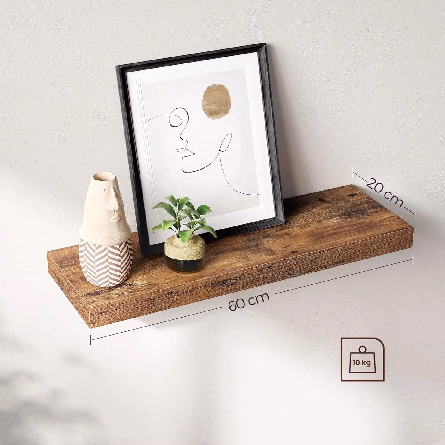 VASAGLE Brown Rustic Floating Wall Mounted Shelf for Living Room, Kitchen or Home Office – 3