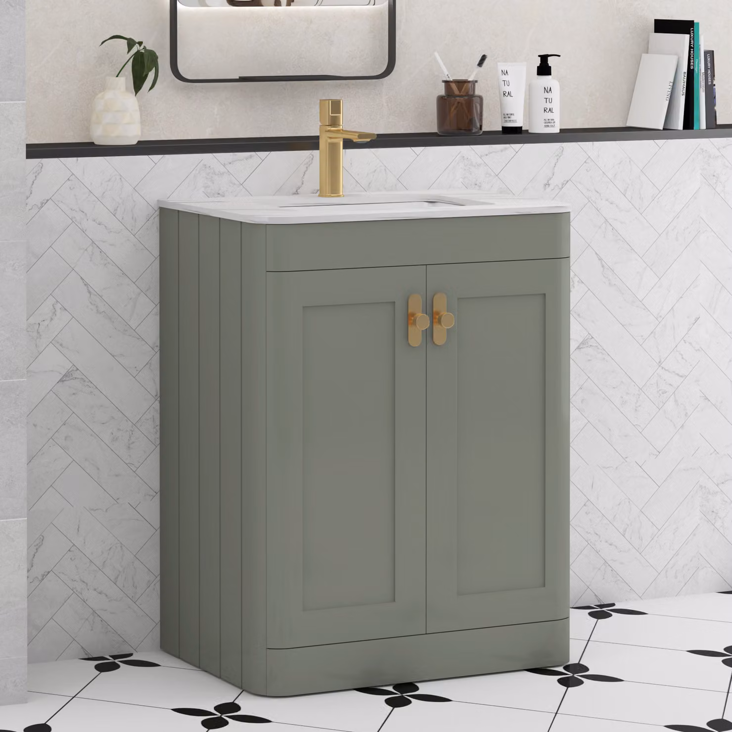 Royal Bathrooms Henley 600mm Sage Green Floor Standing 2 Door Vanity Unit with Carrara White Stone Top and Brushed Brass Knob