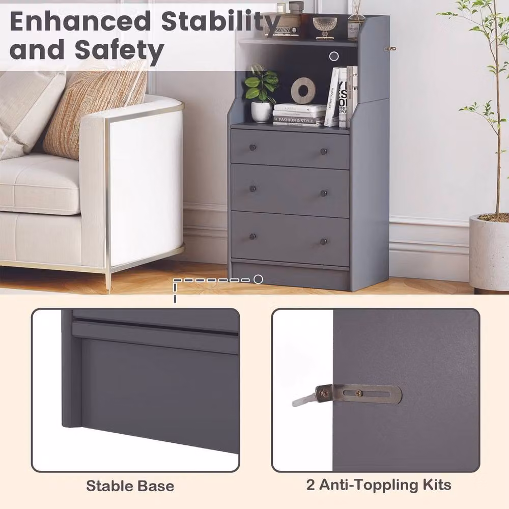 VOGREX Grey 3-Drawer Dresser Storage Organiser with Open Shelves – 4