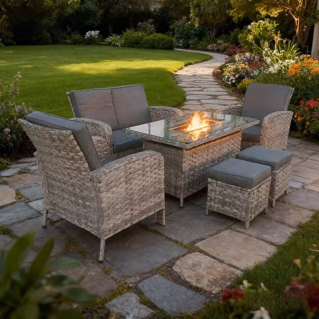 Furniture One Modern 6 Person Grey Rattan Garden Set with Fire Pit Table