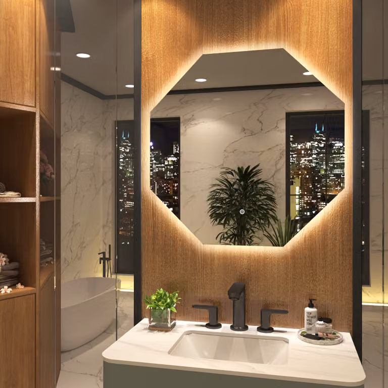 Nova Silver Frameless Octagon LED Illuminated Mirror with Demister Pad and Touch Sensor W/H: 80 x 80 cm