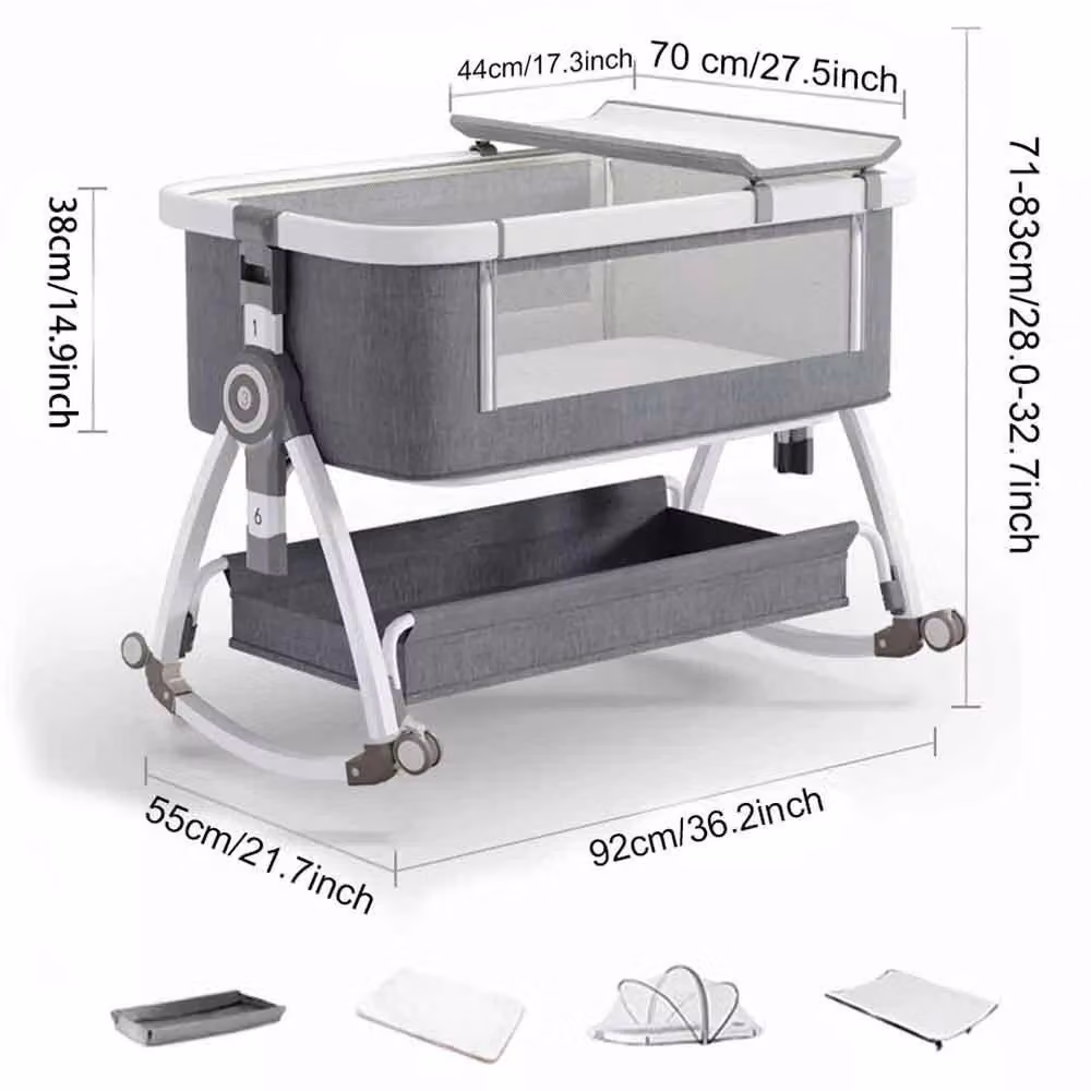 VOGREX Adjustable Height Baby Bedside Sleeper Crib with Breathable Mesh and Drop Side in Grey – 2