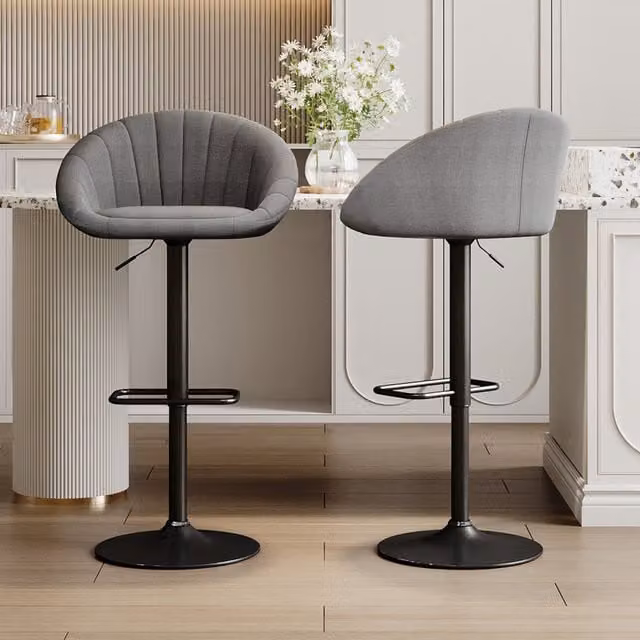 Komore Set of 2 Modern Grey Fabric Swivel Bar Stools with Black Metal Legs
