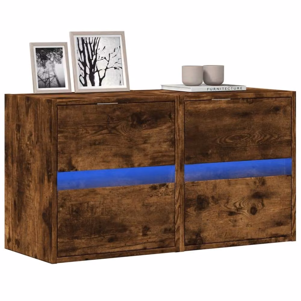 Berkfield Home Set of 2 TV Wall Cabinets with LED Lights in Smoked Oak Brown, W/D/H: 41 x 31 x 45 cm – 2