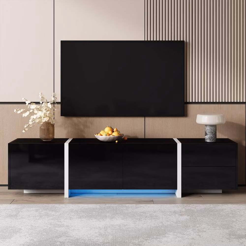 BTM Modern High-Gloss Media Console with Doors, Drawers and Integrated Lighting in Black – 2