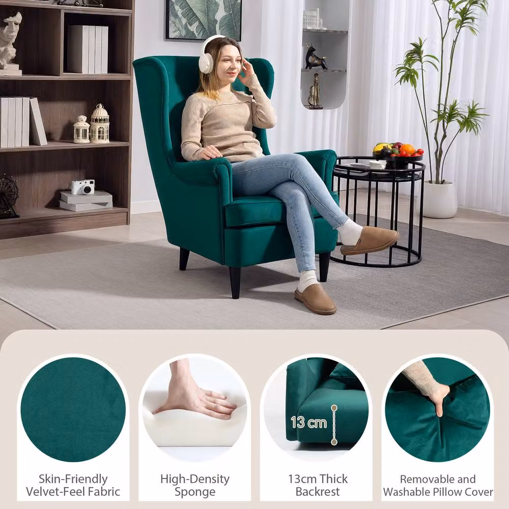 STILVORA Green Velvet Wingback Armchair with Pillow – 4
