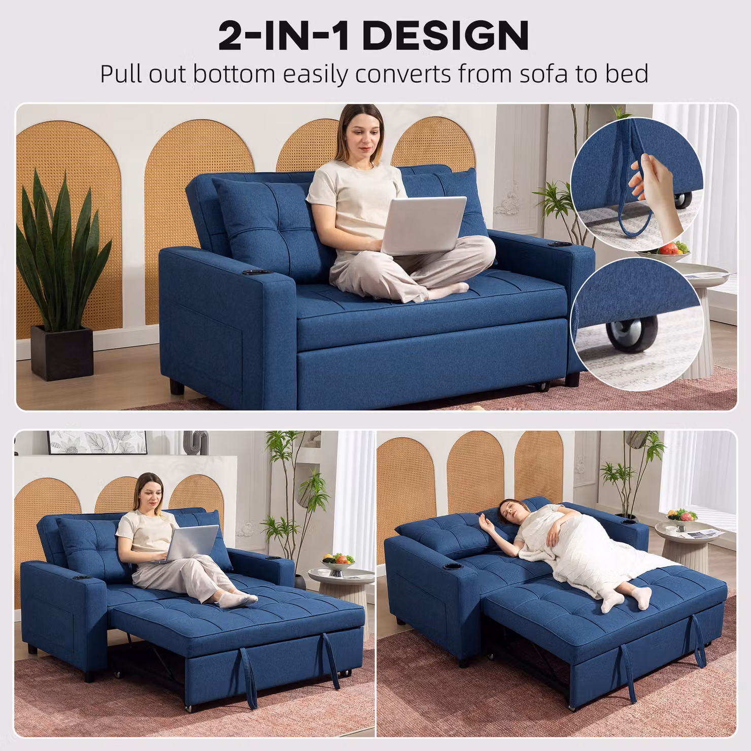 HOMCOM Two-Seater Pull-Out Sofa Bed in Blue with Metal Frame, Cup Holders and Scatter Cushions – 4