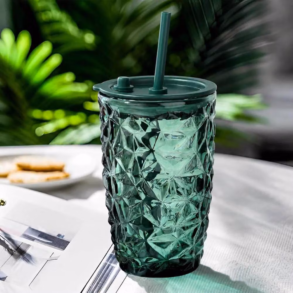 Dyzi Dark Green Borosilicate Glass Tumbler with Lid and Straw, 400ml – 3