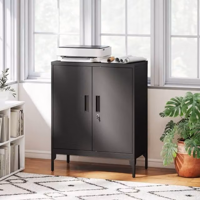 STILVORA Modern Black Lacquered Metal Freestanding Storage Cabinet with Lock and Adjustable Internal Shelves, W/D/H: 80 x 40 x 100 cm