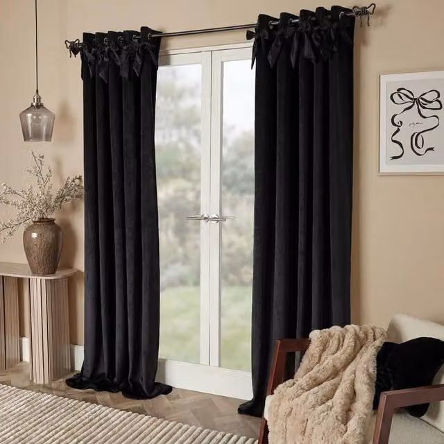 OHS Pair of Black Velvet Bow Décor Eyelet Curtains, Width: 168 cm, Drop: 183 cm – 1