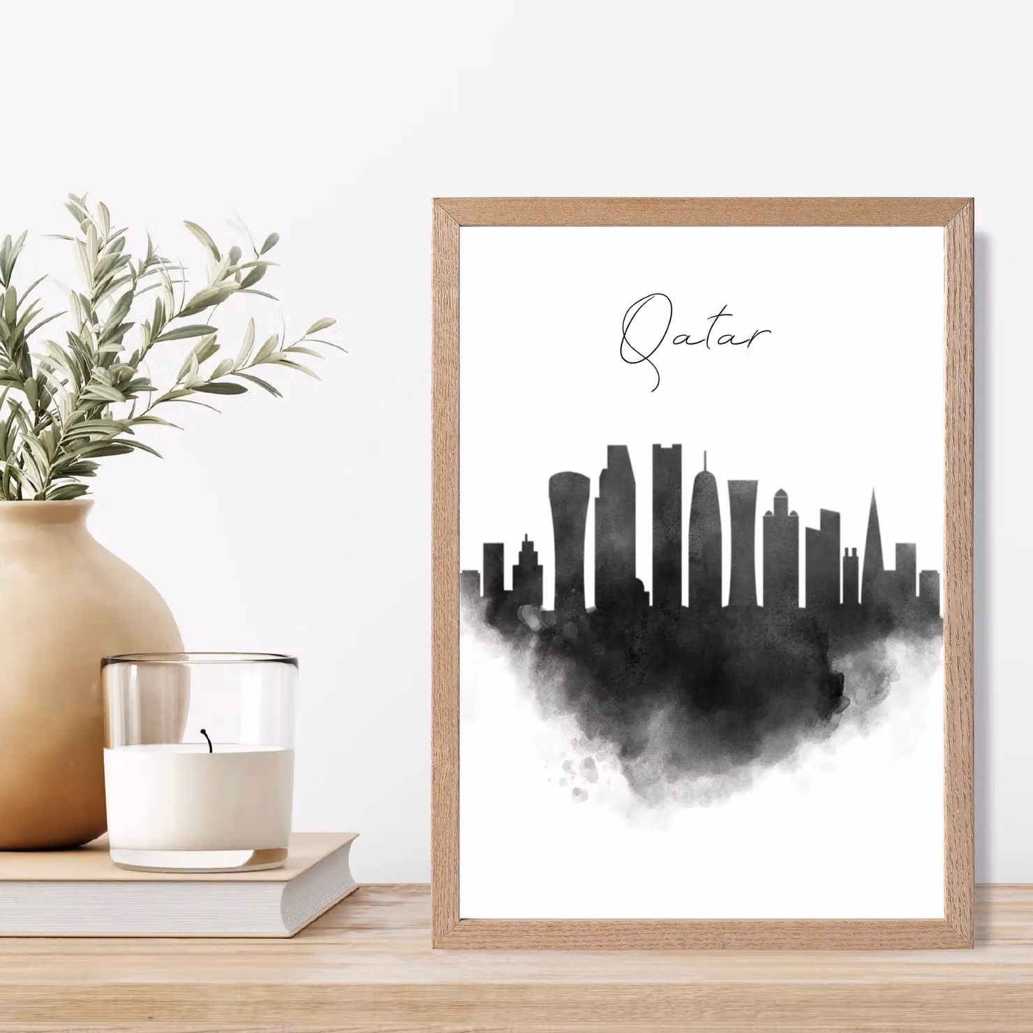 ARTZE Qatar Watercolour Skyline City Framed Print, Black Oak Frame, A2 – 2