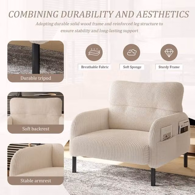 Matteo Modern Corduroy Single Armchair in Beige with Solid Wood Frame