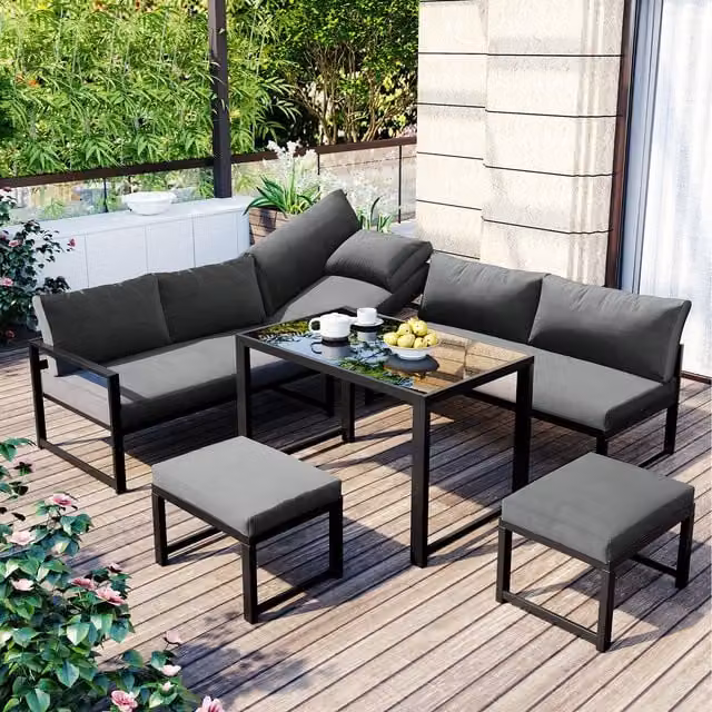 Home Touch Interior Modern 7 Seater Garden Furniture Set in Grey and Black with Metal and Glass Details