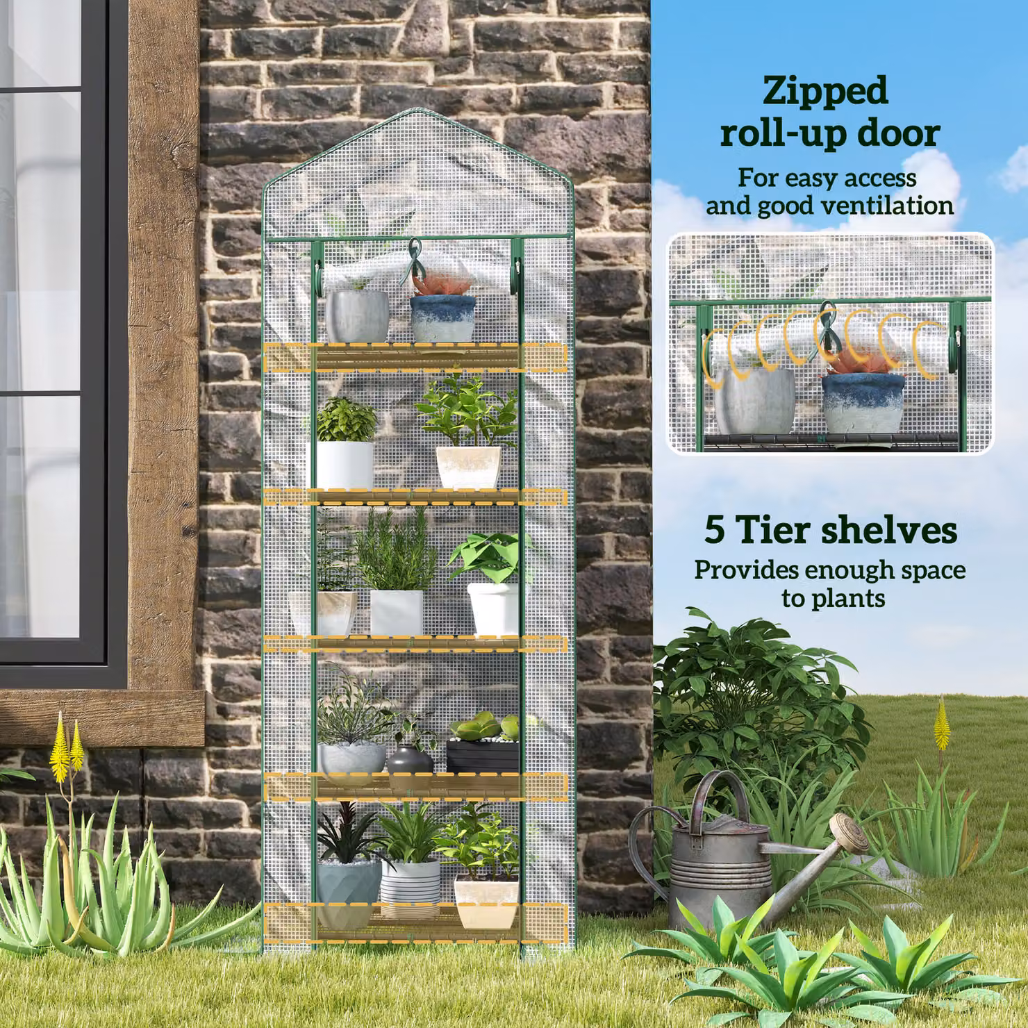 Outsunny Five Shelf Mini Freestanding Greenhouse with Roller Shelving in White, H: 193 cm, W: 69 cm, D: 60 cm – 3