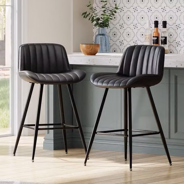 Livingandhome Set of 2 Black PU Leather Upholstered Vertical Striped Bar Stools