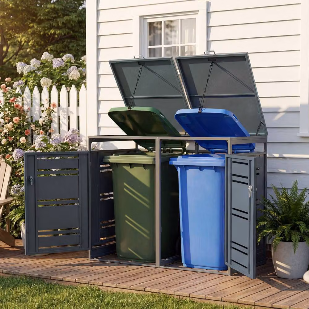 Costway Lockable Double Outdoor Garbage Bin Storage Shed in Grey, Galvanised Steel Bin Store, W/D/H: 132.0 x 80.0 x 117.0 cm – 3