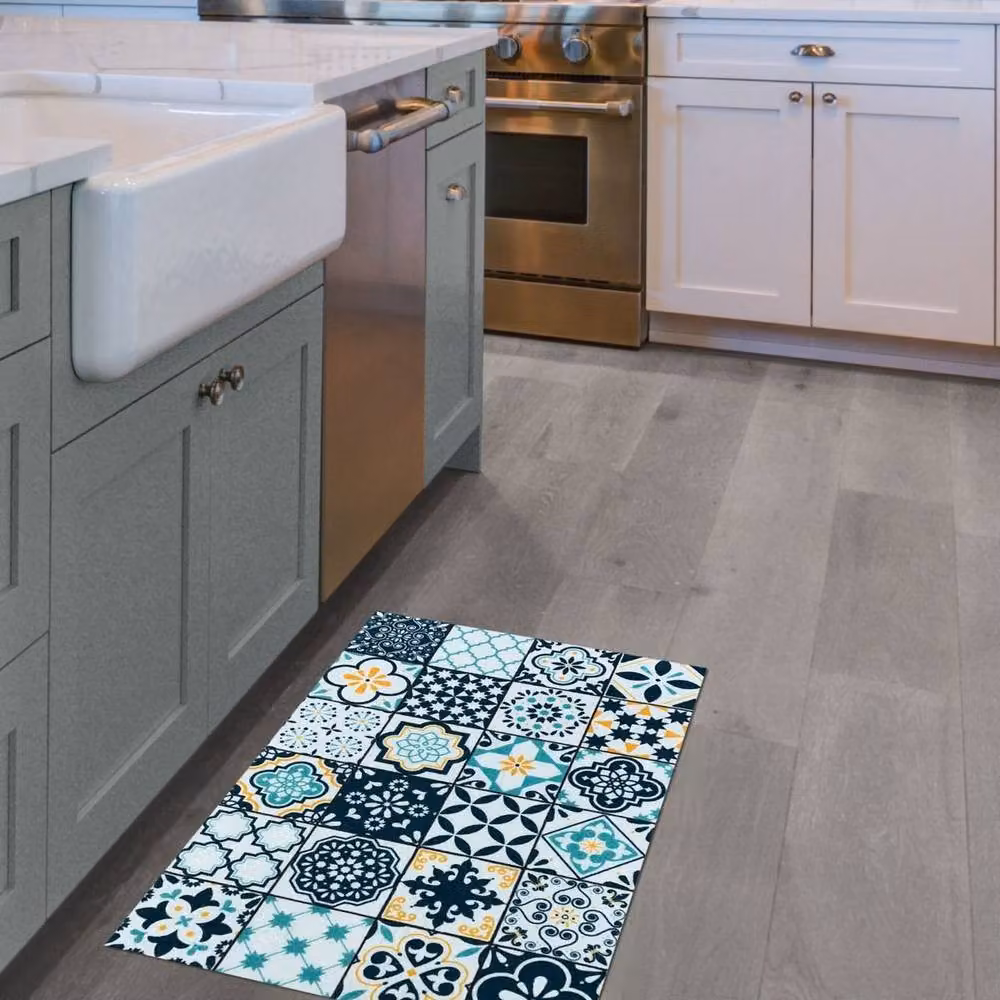 The Rug Shop UK Modern Floral Geometric Easy to Clean Mat in Blue, Yellow and Petrol, W: 50 cm, L: 150 cm – 2
