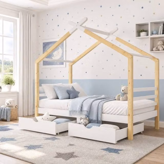 STILVORA 3ft Single Bed Frame with Storage Drawers in Natural Wood and White
