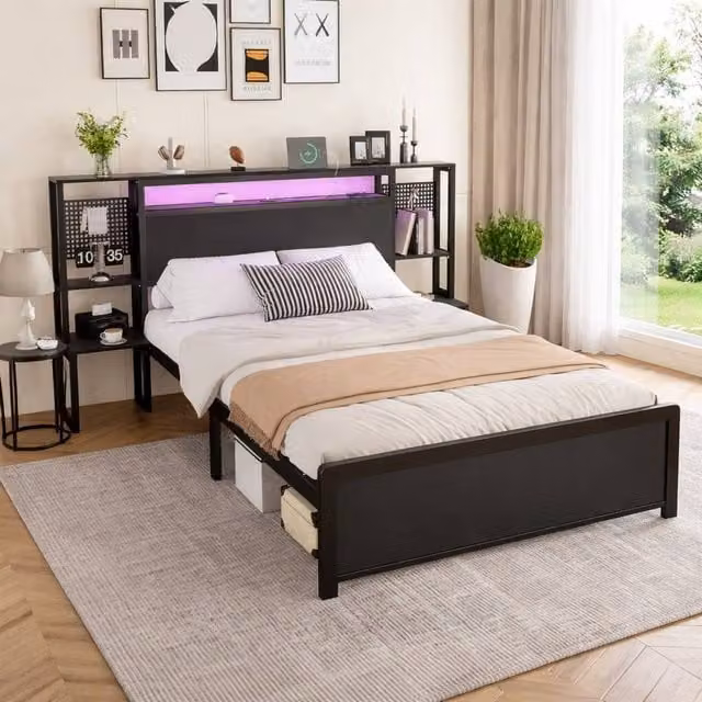 STILVORA Modern Double Bed Frame in Black with LED Under-Bed Lighting, USB Charging Port and Side Compartments, W/D/H: 140 x 200 x 111.5 cm